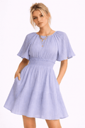 Women's Puff Sleeve Mini Dress with Back Button Detail