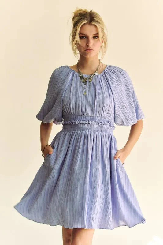Women's Puff Sleeve Mini Dress with Back Button Detail