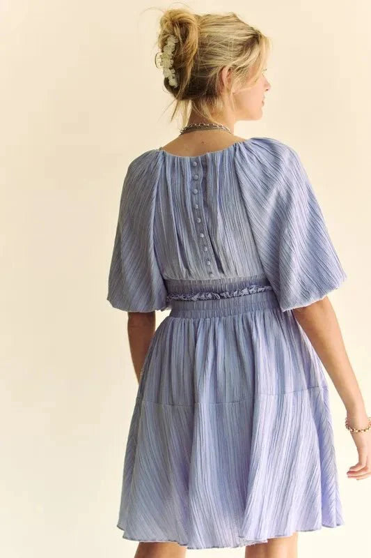 Women's Puff Sleeve Mini Dress with Back Button Detail