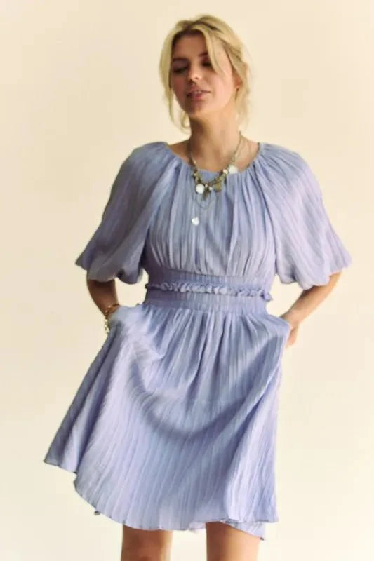 Women's Puff Sleeve Mini Dress with Back Button Detail