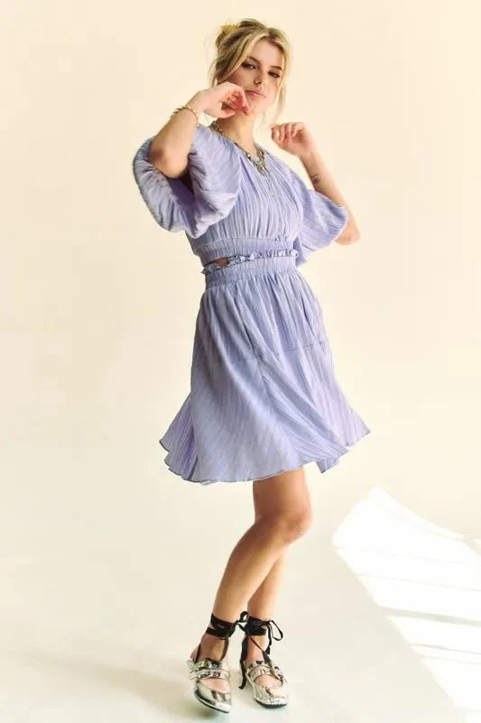 Women's Puff Sleeve Mini Dress with Back Button Detail