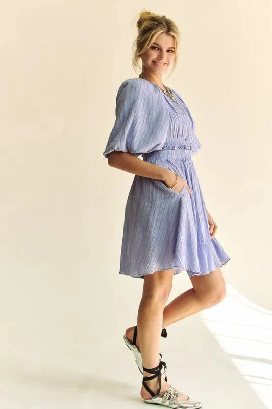 Women's Puff Sleeve Mini Dress with Back Button Detail