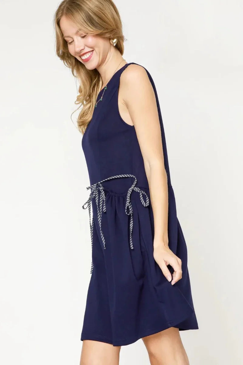 Navy Sleeveless Tank Midi Dress - Relaxed Fit with Pockets Women's Casual