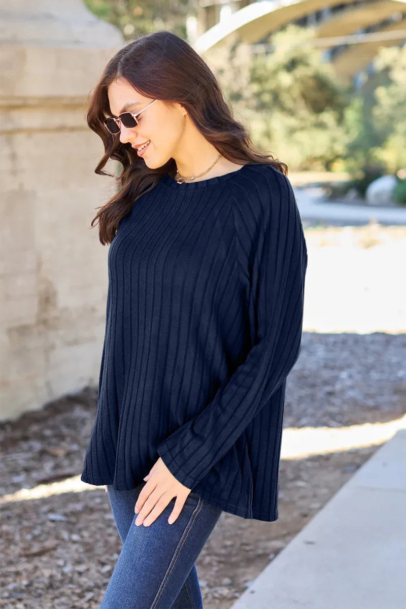 Women's Ribbed Round Neck Long Sleeve Knit Blouse