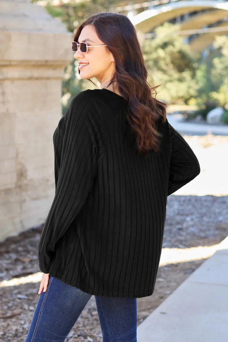 Women's Ribbed Round Neck Long Sleeve Knit Blouse