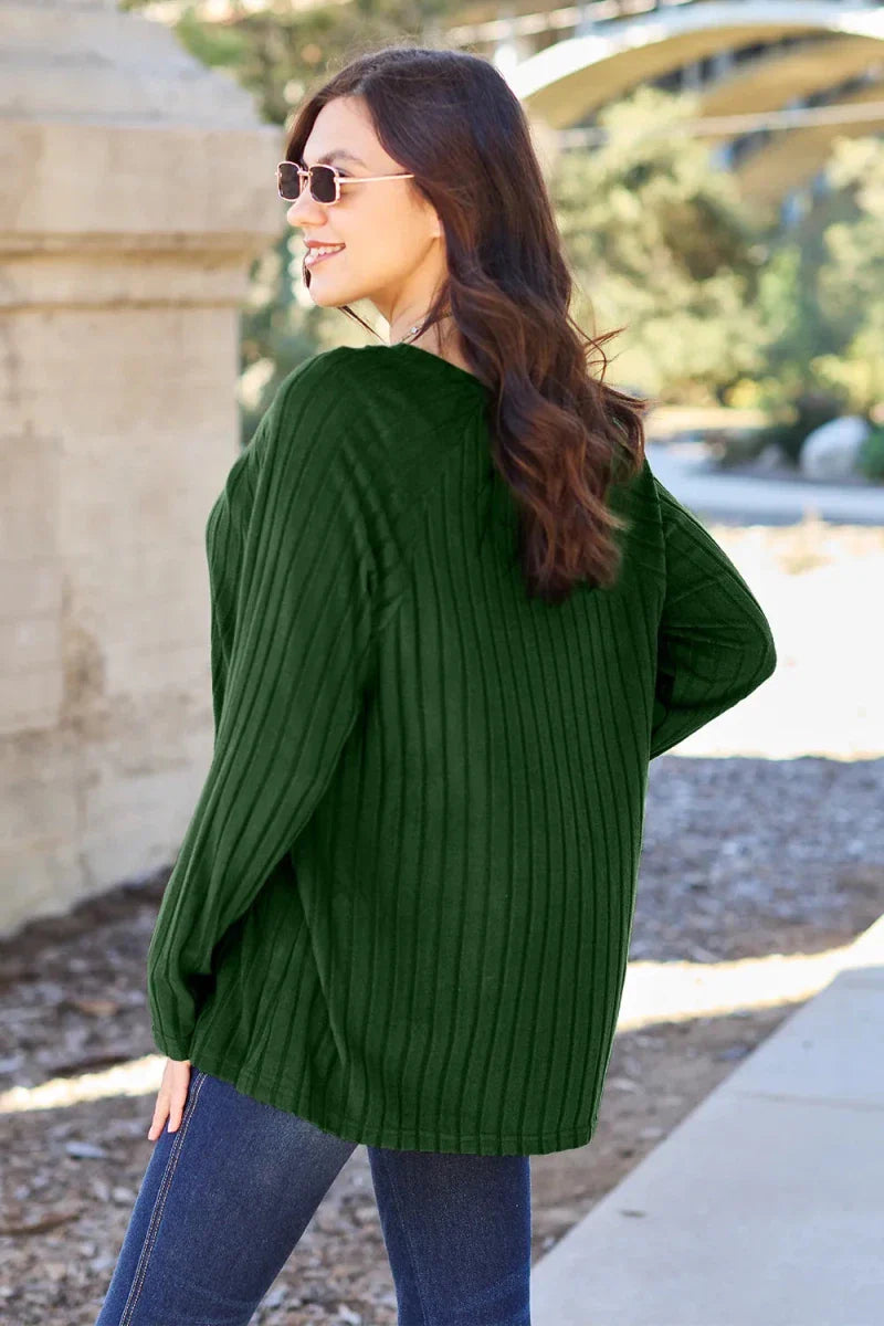 Women's Ribbed Round Neck Long Sleeve Knit Blouse