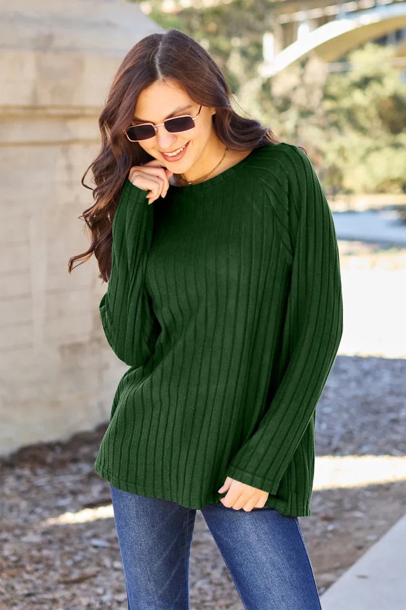Women's Ribbed Round Neck Long Sleeve Knit Blouse