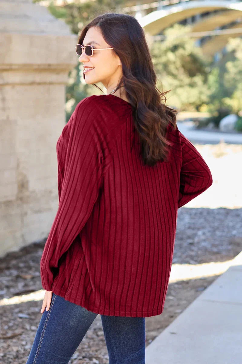 Women's Ribbed Round Neck Long Sleeve Knit Blouse