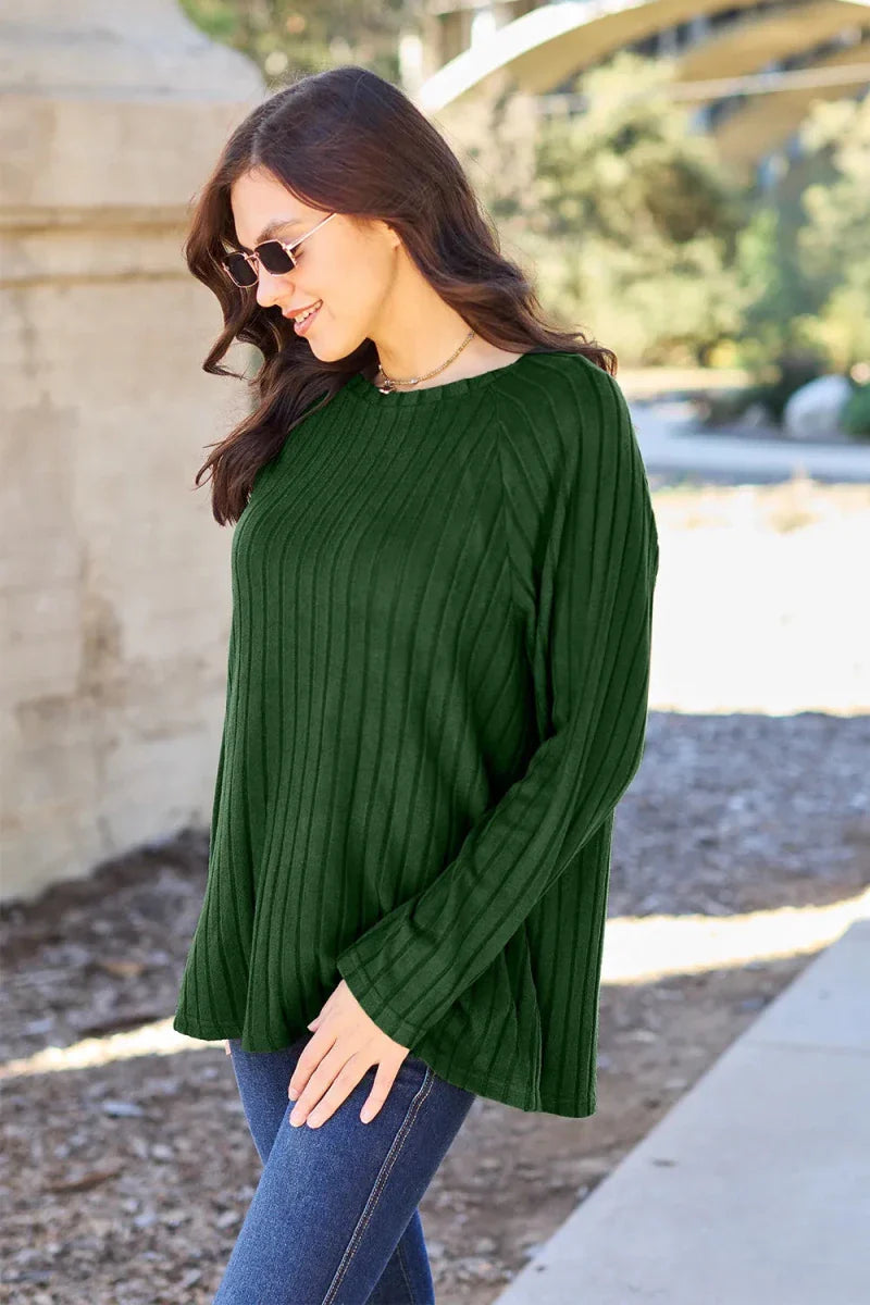 Women's Ribbed Round Neck Long Sleeve Knit Blouse