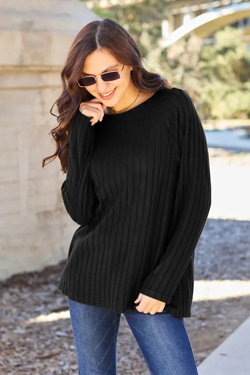 Women's Ribbed Round Neck Long Sleeve Knit Blouse