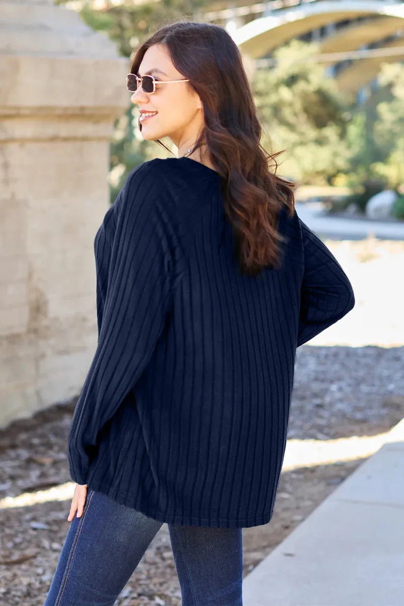 Women's Ribbed Round Neck Long Sleeve Knit Blouse