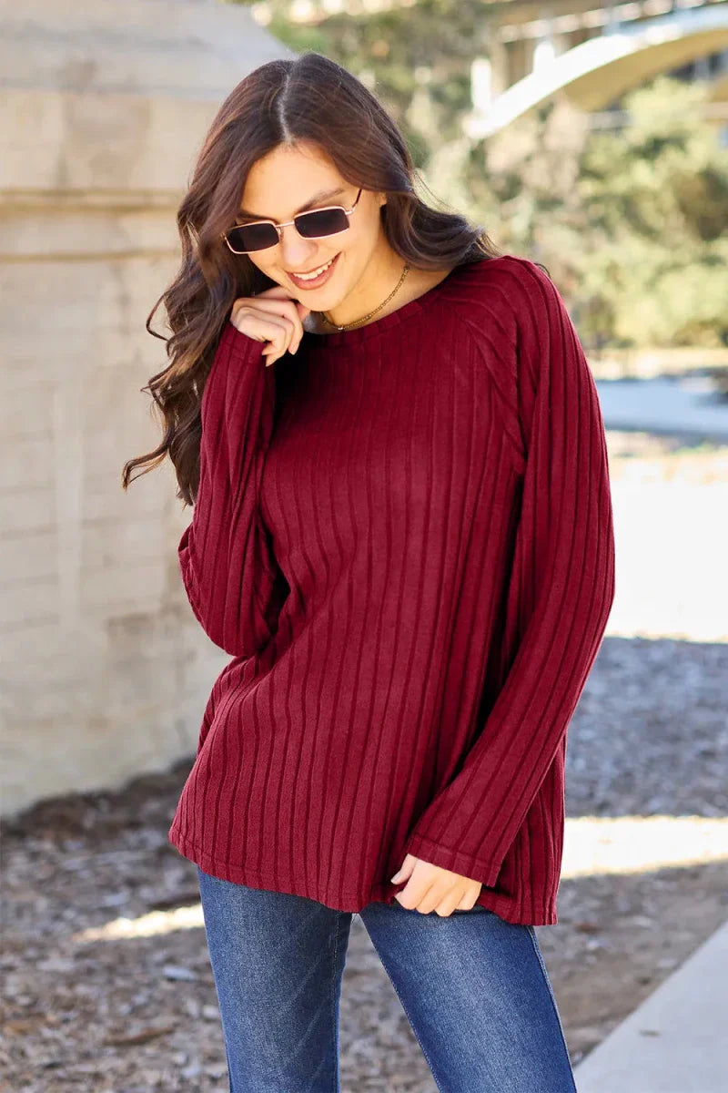 Women's Ribbed Round Neck Long Sleeve Knit Blouse