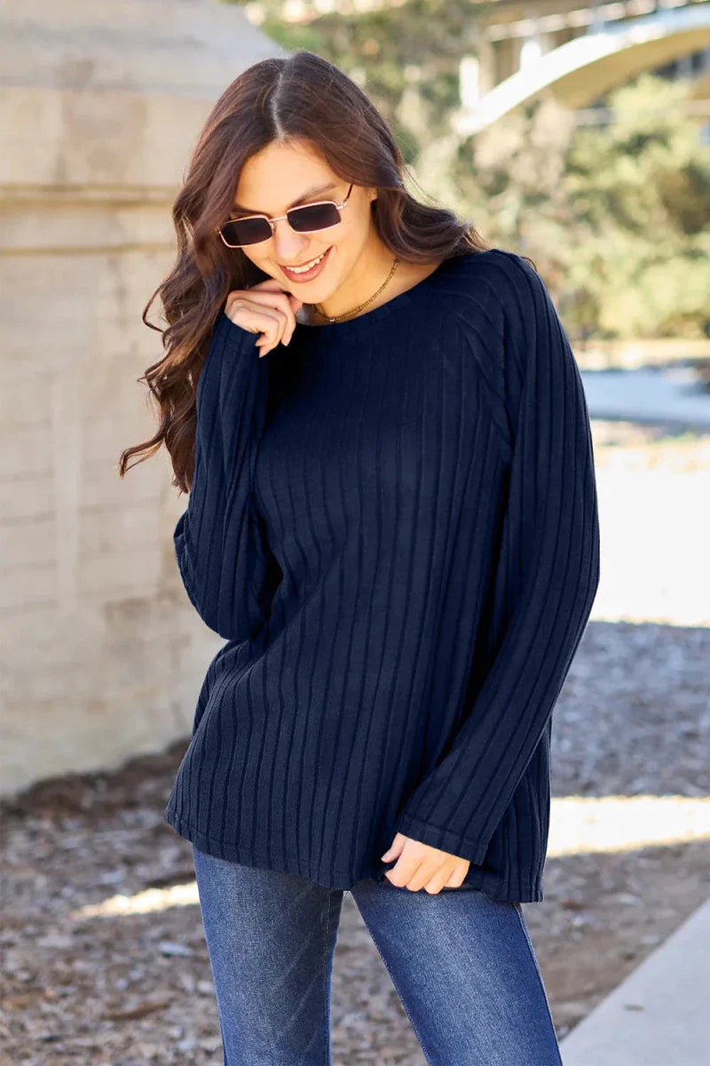 Women's Ribbed Round Neck Long Sleeve Knit Blouse