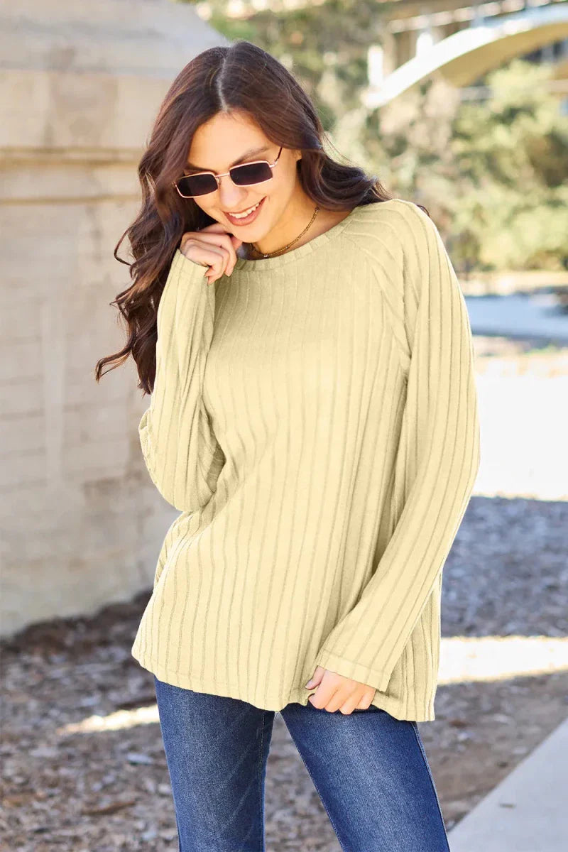 Women's Ribbed Round Neck Long Sleeve Knit Blouse