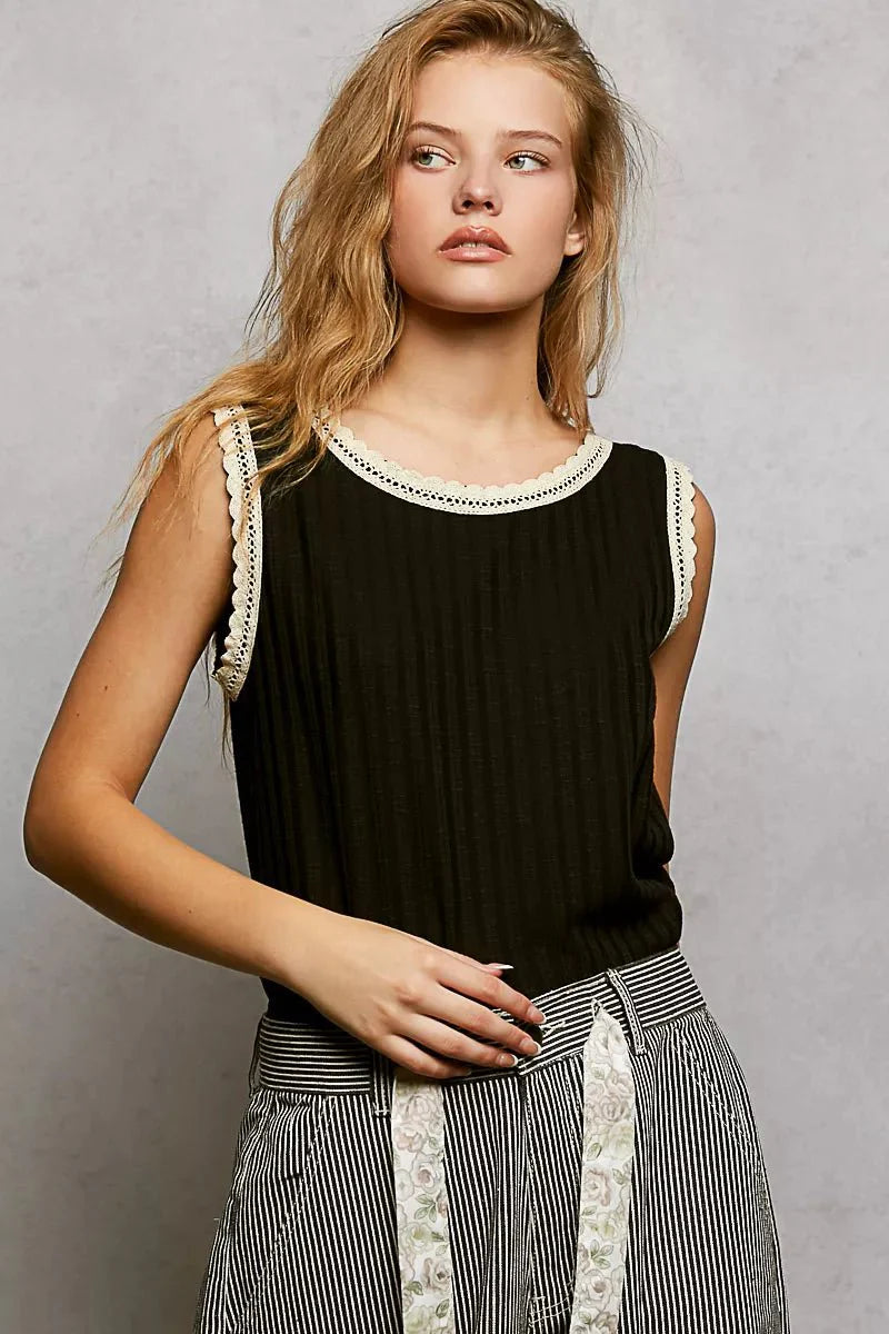 Women's Ribbed Round Neck Sleeveless Blouse with Lace Trim