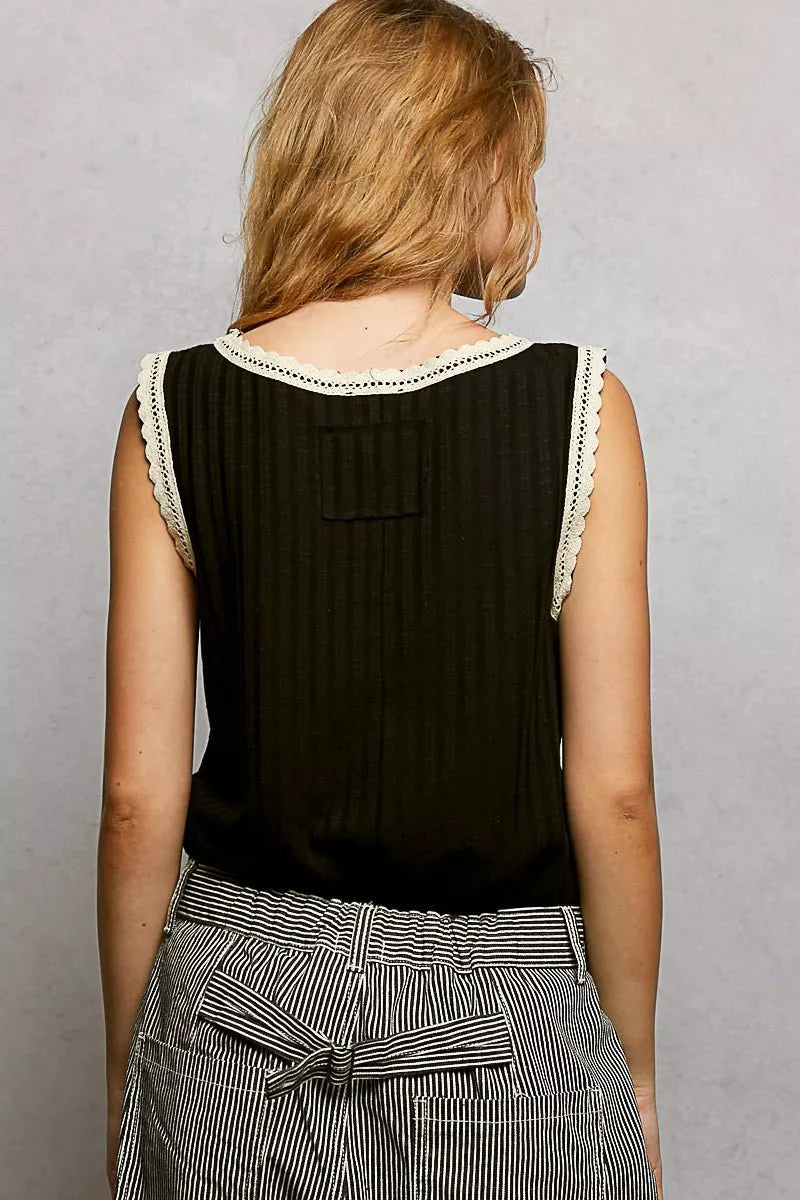 Women's Ribbed Round Neck Sleeveless Blouse with Lace Trim