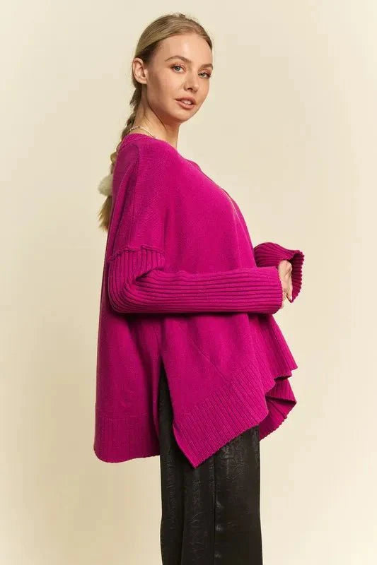 Women's Ribbed V-Neck Side Slit Sweater with Exposed Seams