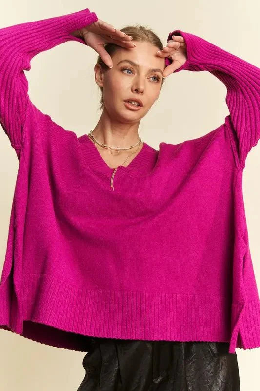 Women's Ribbed V-Neck Side Slit Sweater with Exposed Seams