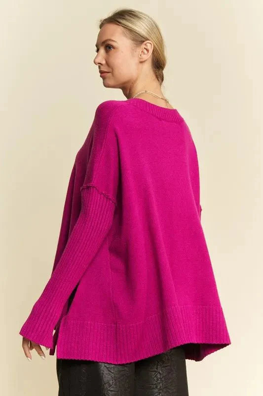 Women's Ribbed V-Neck Side Slit Sweater with Exposed Seams