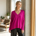 Women's Ribbed V-Neck Side Slit Sweater with Exposed Seams