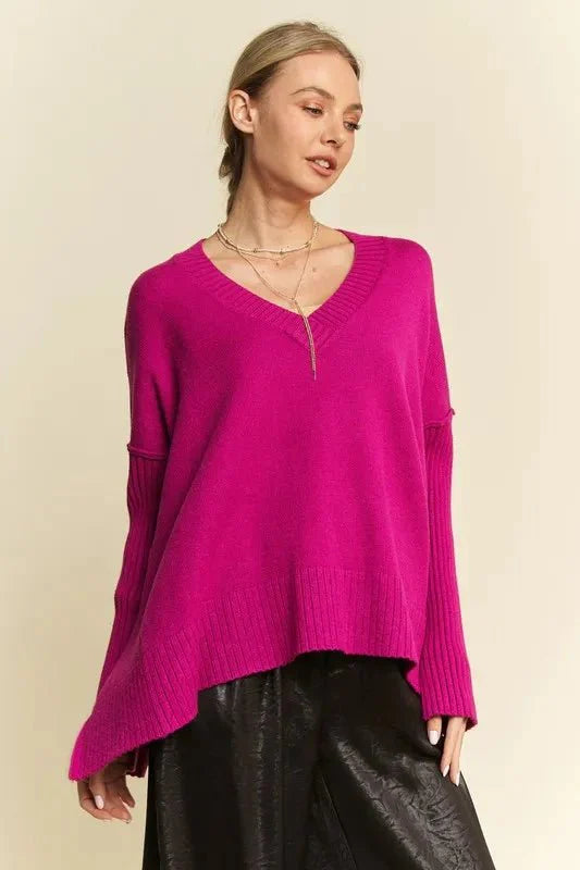 Women's Ribbed V-Neck Side Slit Sweater with Exposed Seams