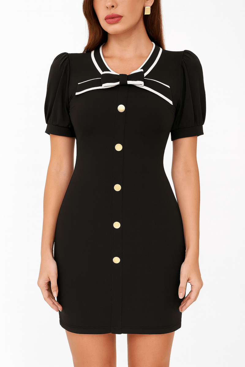 Bow Detail Short Sleeve Button-Up Mini Dress - Ribbon Tie Flare A-Line Women's Casual