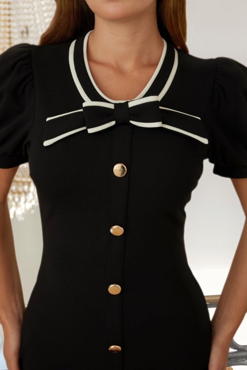 Bow Detail Short Sleeve Button-Up Mini Dress - Ribbon Tie Flare A-Line Women's Casual