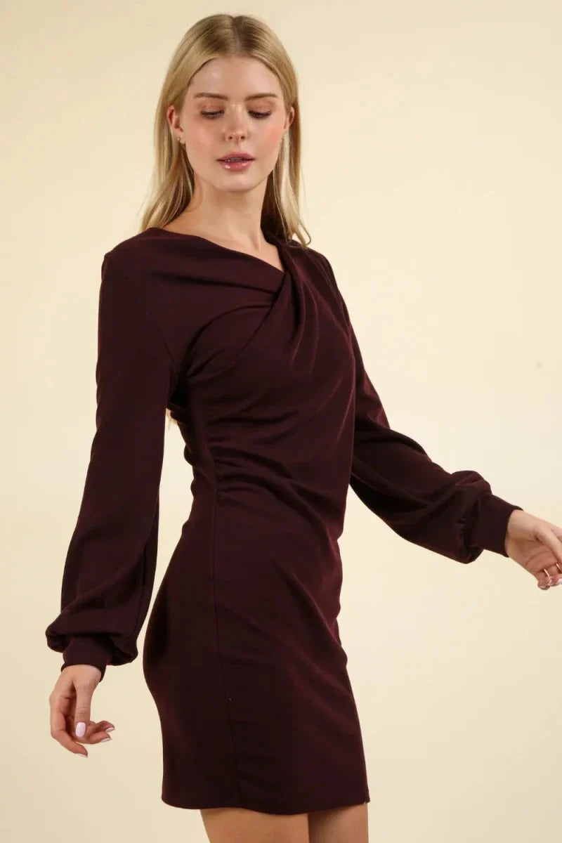 Womens Ruched Detail Bodycon Mini Dress with Asymmetrical Design