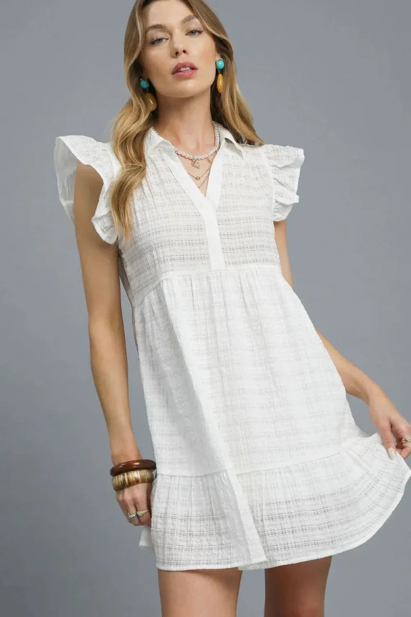 White Cap Sleeve Textured Mini Dress - Ruffle Trim A-Line Women's Summer Casual