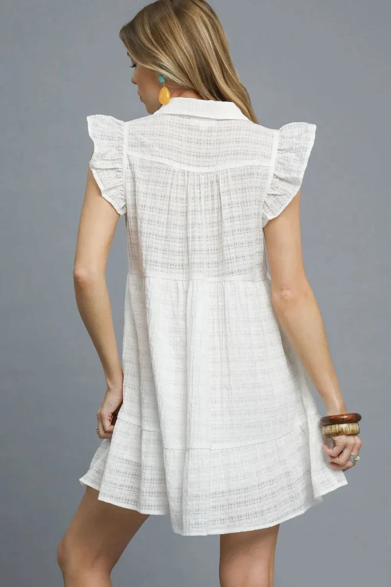White Cap Sleeve Textured Mini Dress - Ruffle Trim A-Line Women's Summer Casual