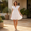 White Cap Sleeve Textured Mini Dress - Ruffle Trim A-Line Women's Summer Casual