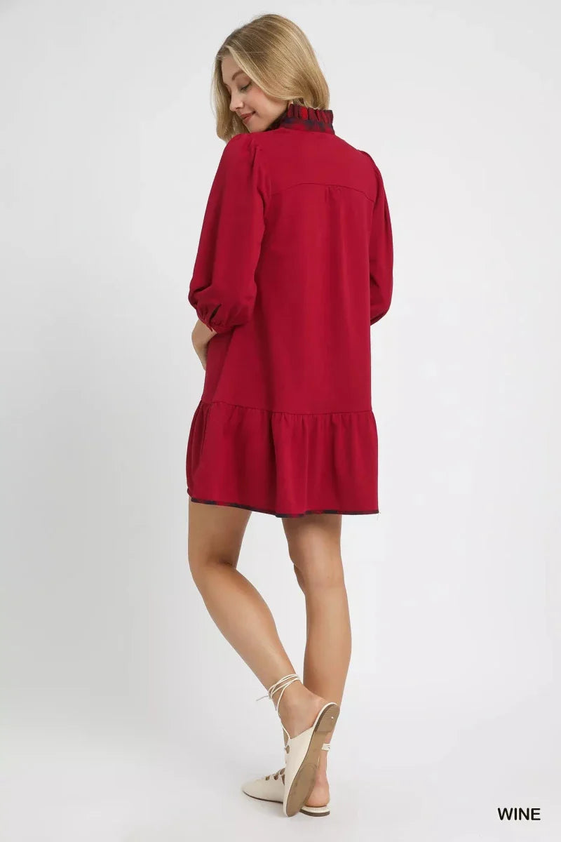 Red Plaid Ruffle Hem Mini Dress - Short Sleeve A-Line Women's Casual