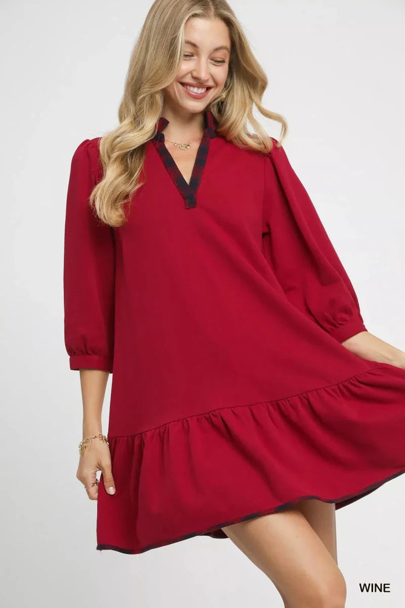 Red Plaid Ruffle Hem Mini Dress - Short Sleeve A-Line Women's Casual