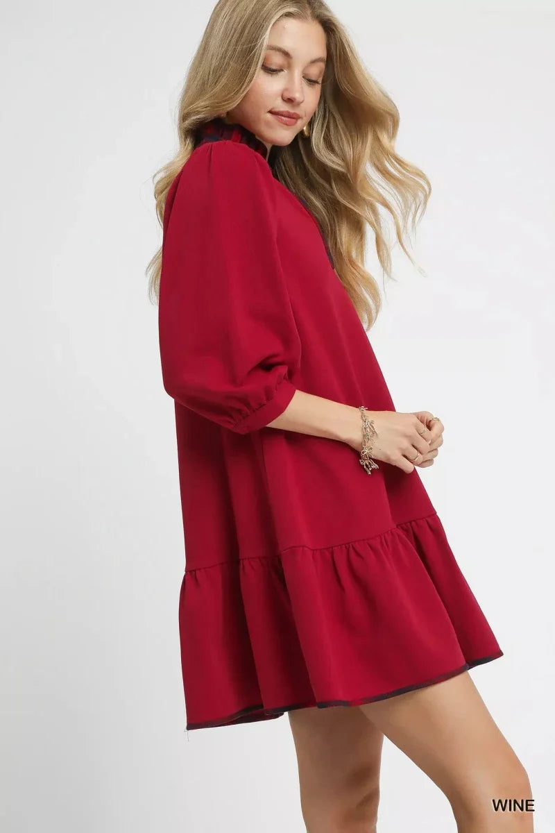Red Plaid Ruffle Hem Mini Dress - Short Sleeve A-Line Women's Casual