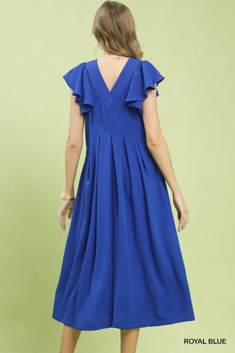 Women's Ruffle Sleeve V-Neck Midi Dress with Pockets