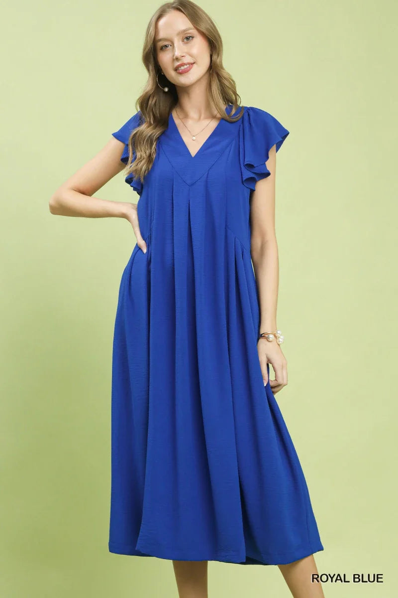 Women's Ruffle Sleeve V-Neck Midi Dress with Pockets