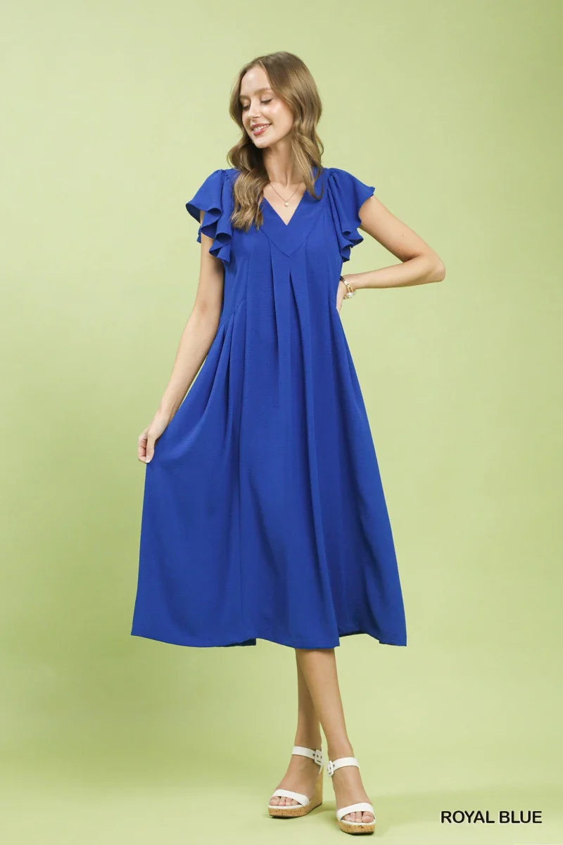 Women's Ruffle Sleeve V-Neck Midi Dress with Pockets