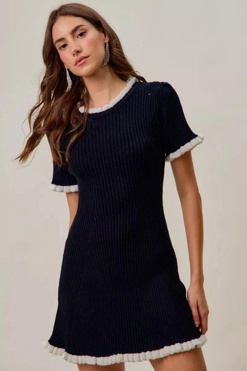 Black Ruffled Sweater Knit Mini Dress - Long Sleeve Cable Knit Bodycon Women's Casual