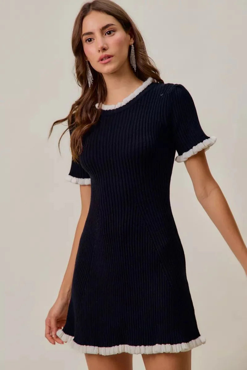 Black Ruffled Sweater Knit Mini Dress - Long Sleeve Cable Knit Bodycon Women's Casual