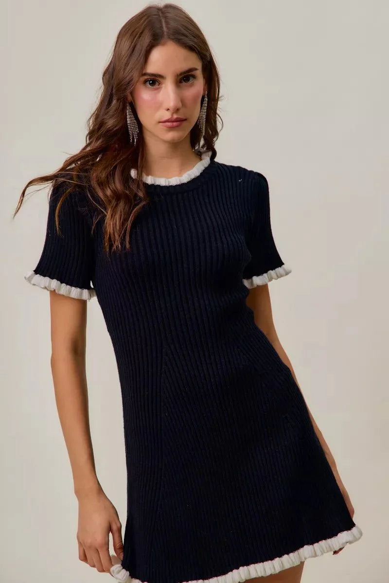 Black Ruffled Sweater Knit Mini Dress - Long Sleeve Cable Knit Bodycon Women's Casual