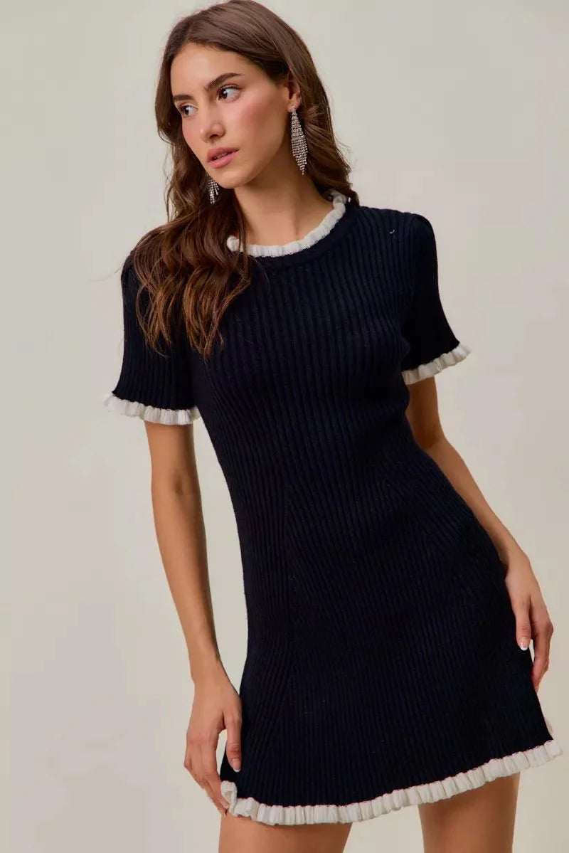 Black Ruffled Sweater Knit Mini Dress - Long Sleeve Cable Knit Bodycon Women's Casual