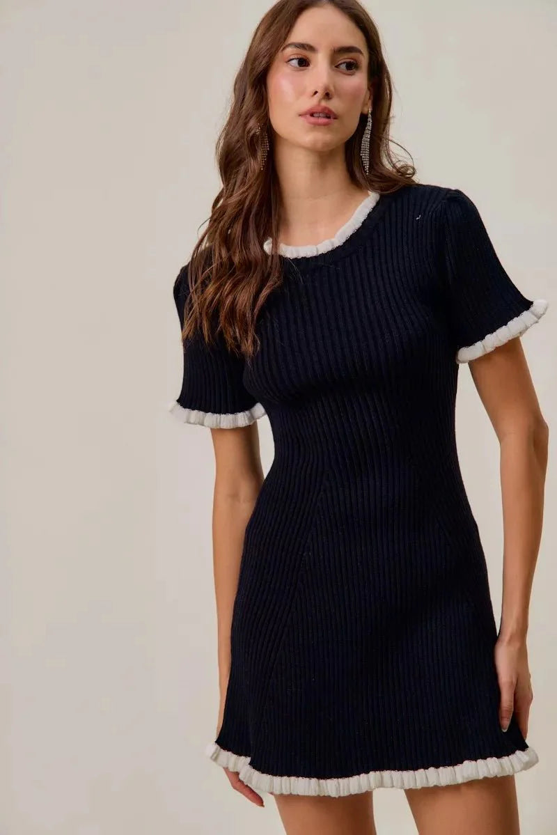 Black Ruffled Sweater Knit Mini Dress - Long Sleeve Cable Knit Bodycon Women's Casual