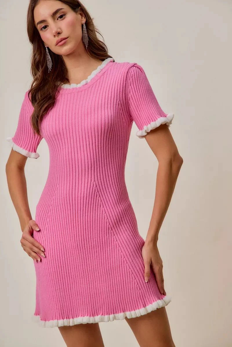 Pink Ruffled Sweater Knit Mini Dress - Long Sleeve Cable Knit Bodycon Women's Casual