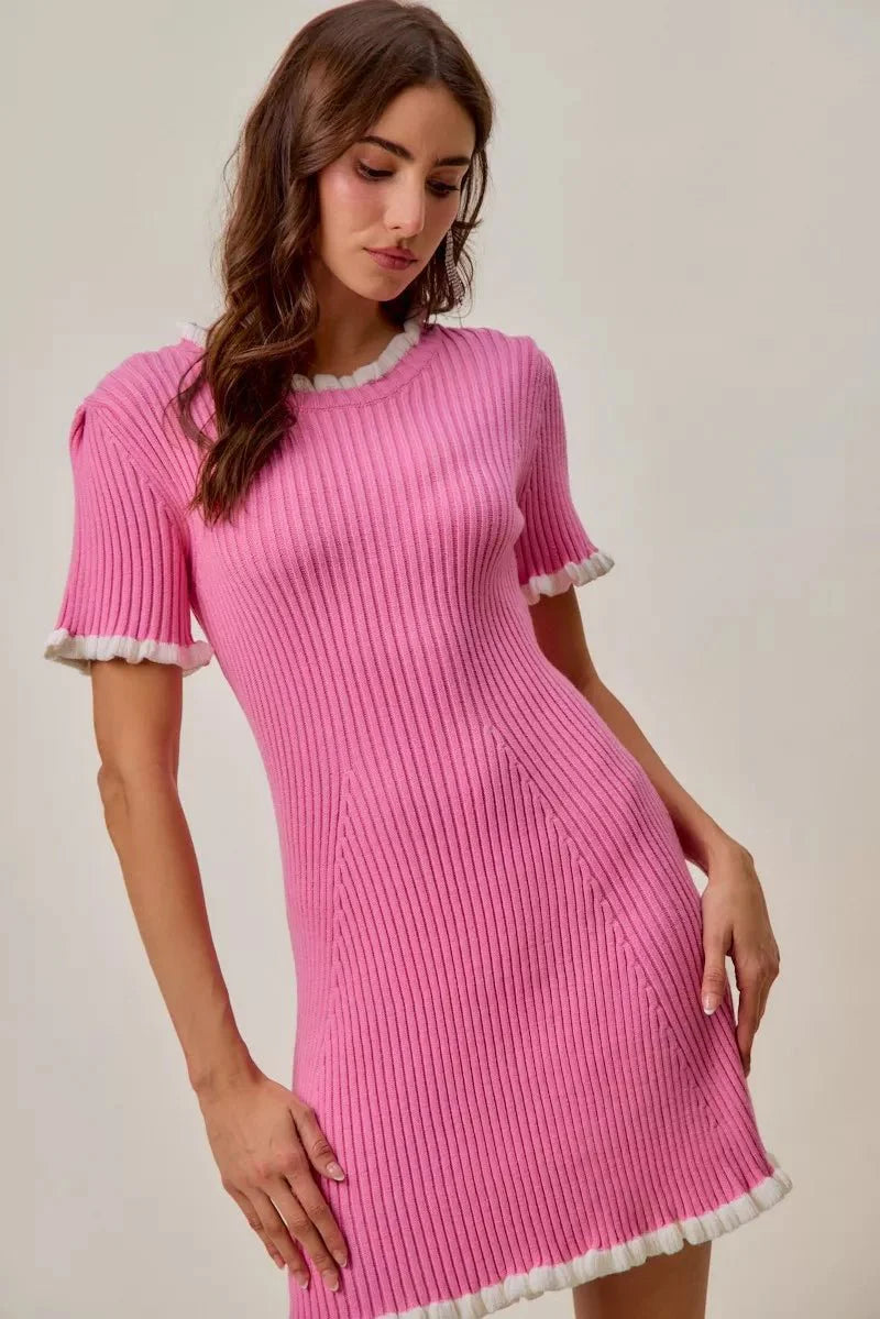 Pink Ruffled Sweater Knit Mini Dress - Long Sleeve Cable Knit Bodycon Women's Casual