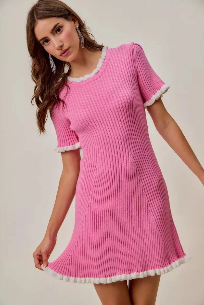 Pink Ruffled Sweater Knit Mini Dress - Long Sleeve Cable Knit Bodycon Women's Casual