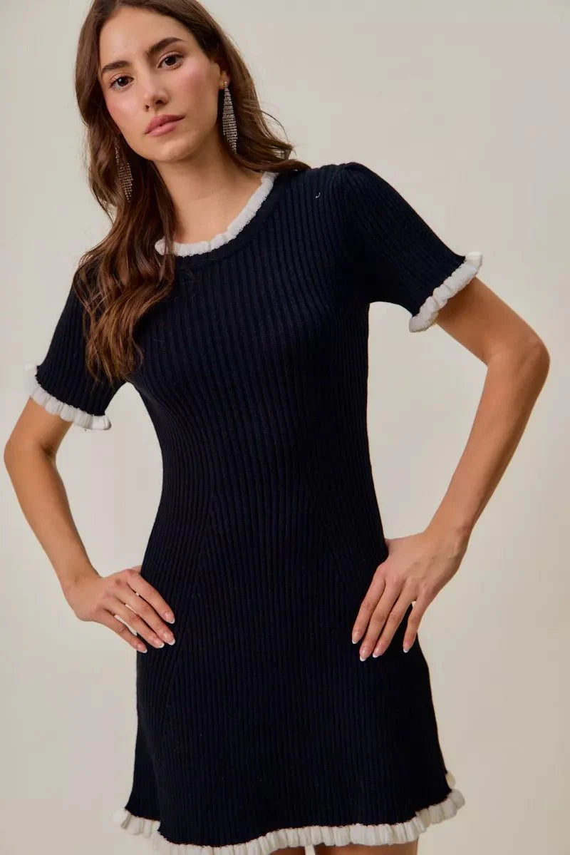 Black Ruffled Sweater Knit Mini Dress - Long Sleeve Cable Knit Bodycon Women's Casual