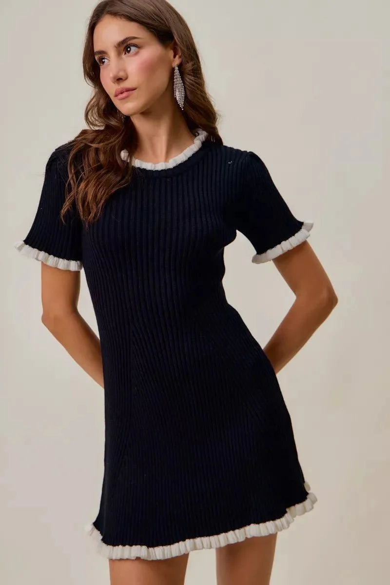 Black Ruffled Sweater Knit Mini Dress - Long Sleeve Cable Knit Bodycon Women's Casual