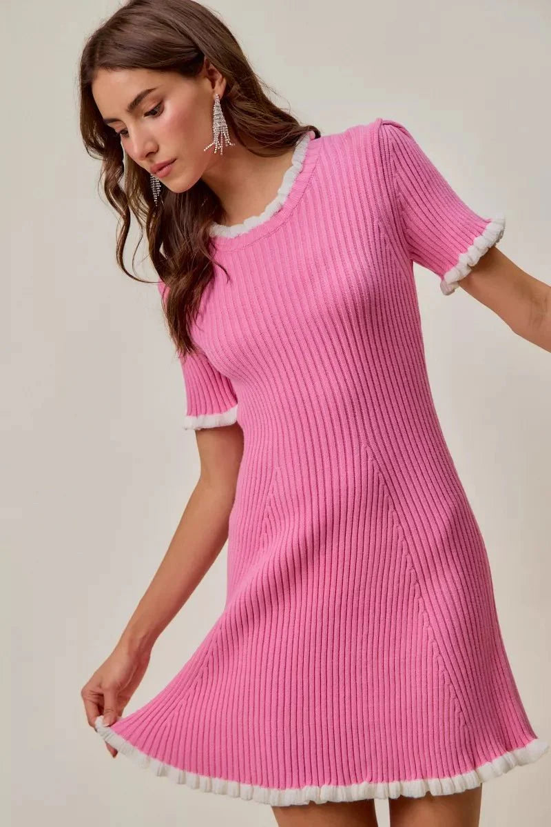 Pink Ruffled Sweater Knit Mini Dress - Long Sleeve Cable Knit Bodycon Women's Casual