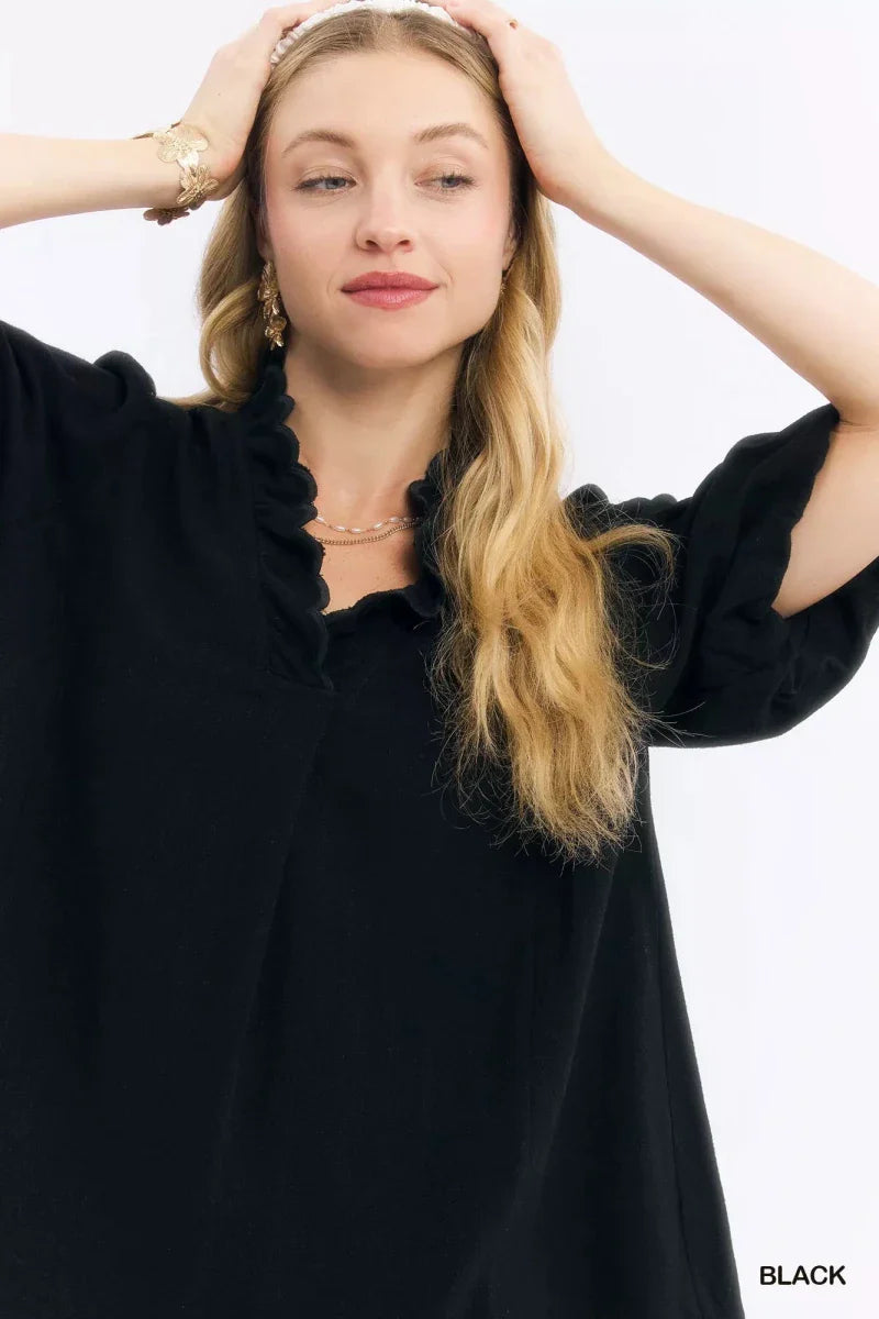 Black V-Neck Linen Blouse - Scallop Trim Short Sleeve Women's Top