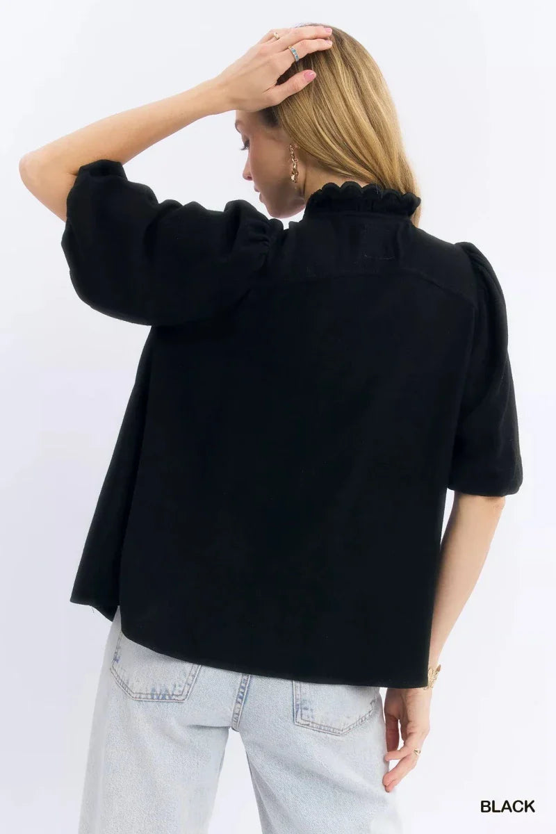 Black V-Neck Linen Blouse - Scallop Trim Short Sleeve Women's Top